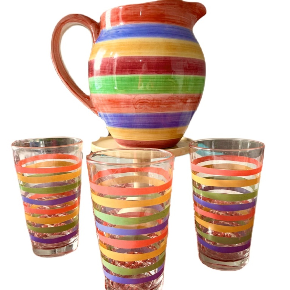 Portuguese Pottery Pitcher and 3 Glass Tumblers.